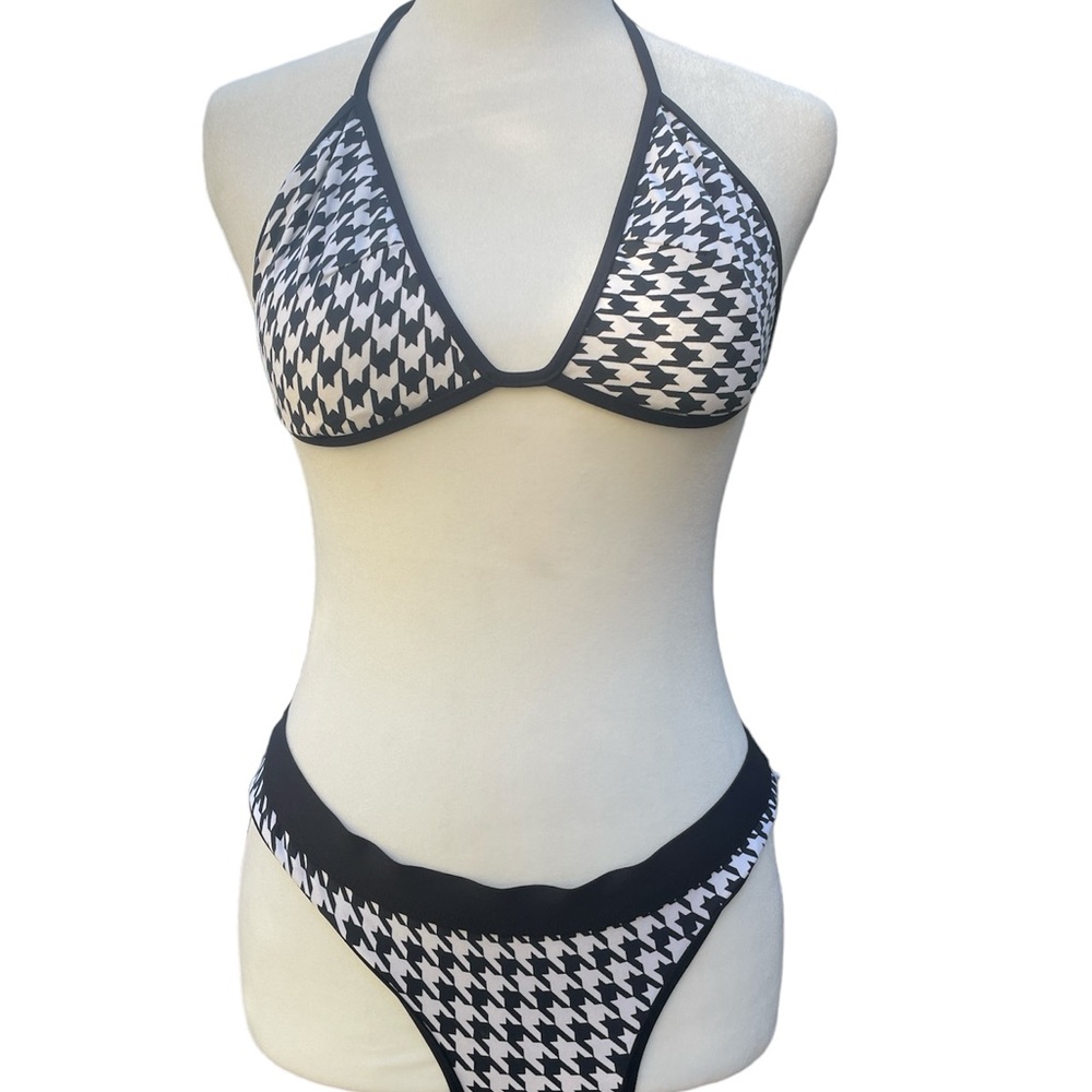 Rampage Swim Bikini Black White Houndstooth Lined Small